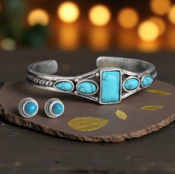 🆕️Boho Chic Antique Silver & Turquoise Stone Cuff Bracelet and Earrings Set 🌿 - Picture 8 of 13